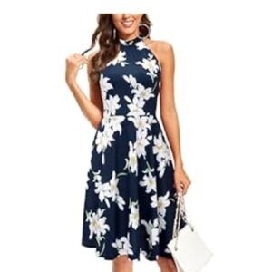 Floral Halter Dress - Navy and White